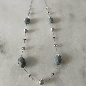Long Gray Beaded Necklace with Faux Pearls & Faceted Glass Beads